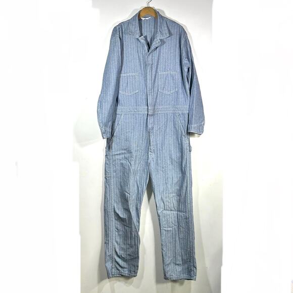 Vintage 50s 60s Coveralls XL Herringbone Blue Twill Mechanic Workwear Distressed - Picture 1 of 13